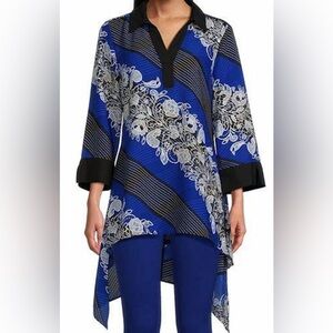 NEW Womens Size M Slim Factor Floral Stripe Print 3/4 Sleeve Y Neck Collar Tunic